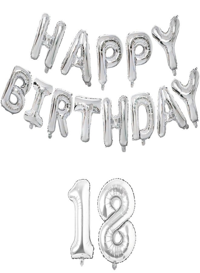 Flyloons 18th Silver Happy Birthday Foil Balloon Set for 18 Year Old Boys Girls Teenage | with Number Eighteen | 13 Letters Reusable Happy Birthday Metallic Foil Balloons Decoration Kit,15 piece - Image 1